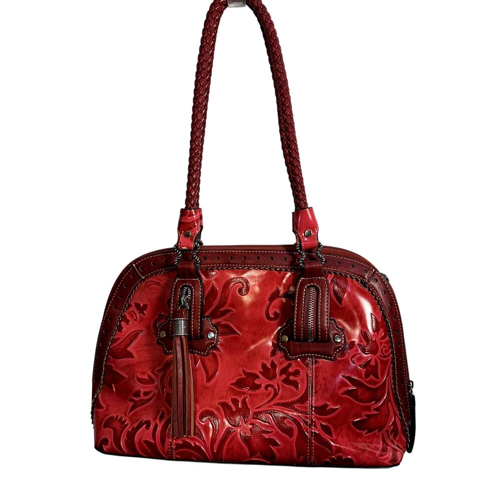 Madi Claire Red Embossed Western Satchel Shoulder Bag Tassel Floral Tooled Purse